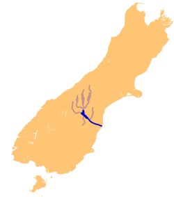 Position of the Waitaki River fed by glacial lakes in South Island New Zealand